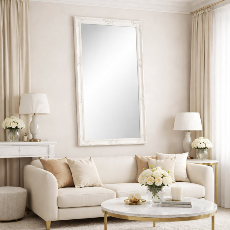 Solid Wood Rectangle Wall Mirror, White