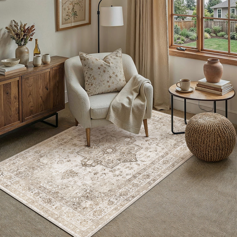 Tapis lavable rétro patiné avec envers antidérapant, Beige, Rectangulaire 3 pi x 5 pi