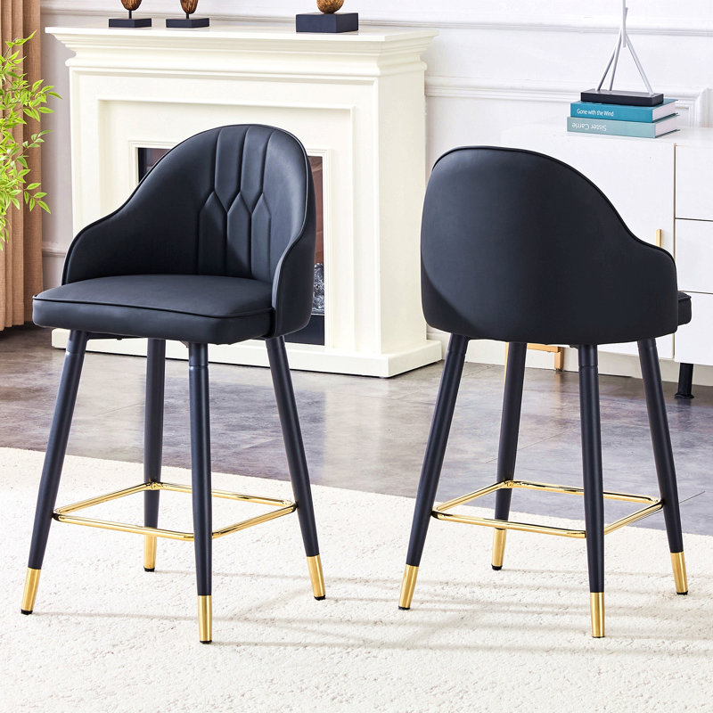 Set Of 2 Black PU Leather Bar Stools: 37.7" High, 25" Seat Height, Gold Accent Footrest, Black