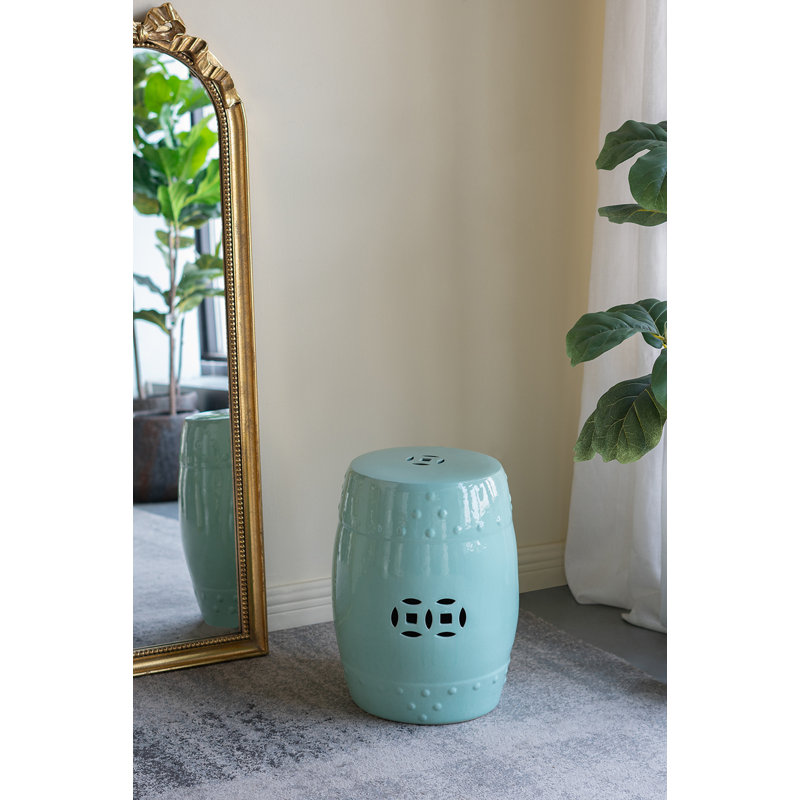 D13x18" Ceramic Barrel Stool With Cutout Design, Light Blue