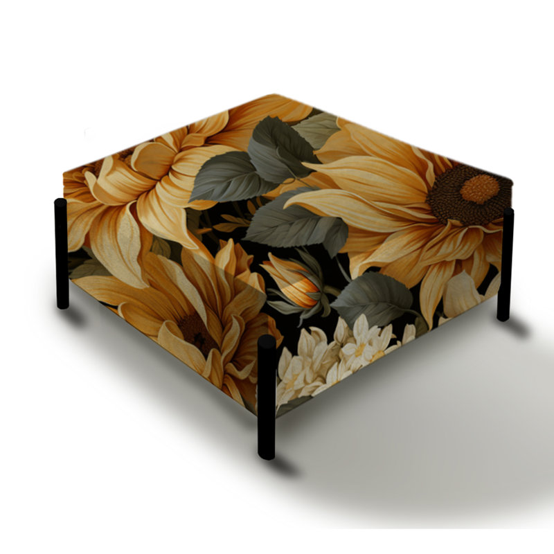 Grand repose-pieds carré rustique à motif floral jaune rustique