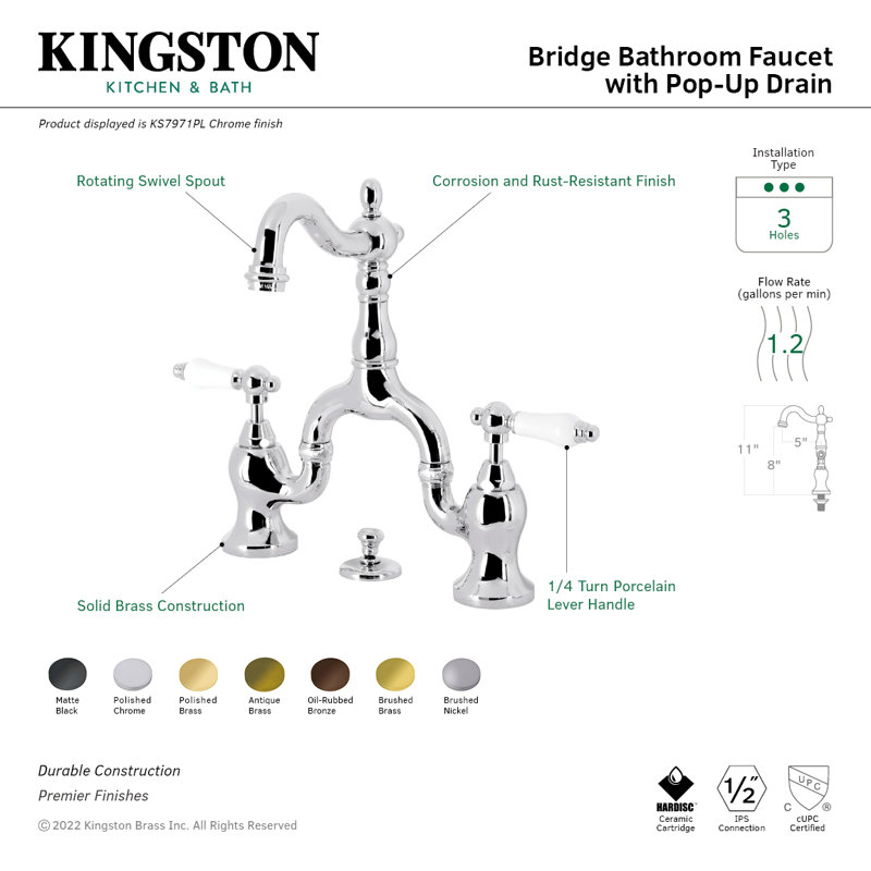 Kingston Brass English Country Two-Handle 3-Hole Deck Mount Bridge Bathroom Faucet with Brass Pop-Up, Polished Brass