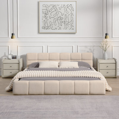 Elegant Chenille Upholstered Bed With Checkerboard Design, Queen