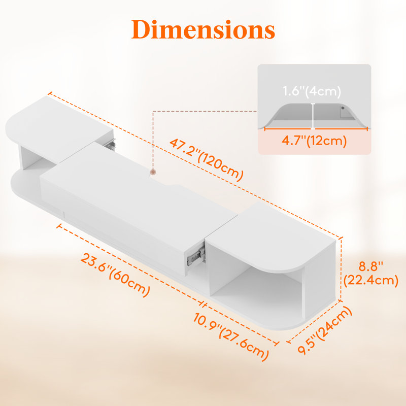 Floating Tv Stand For Up To 50" Tv, Wall Mounted Entertainment Center With Power Outlets And Usb Ports, Large Storage Space With Sliding Tabletop, Open Shelves, White