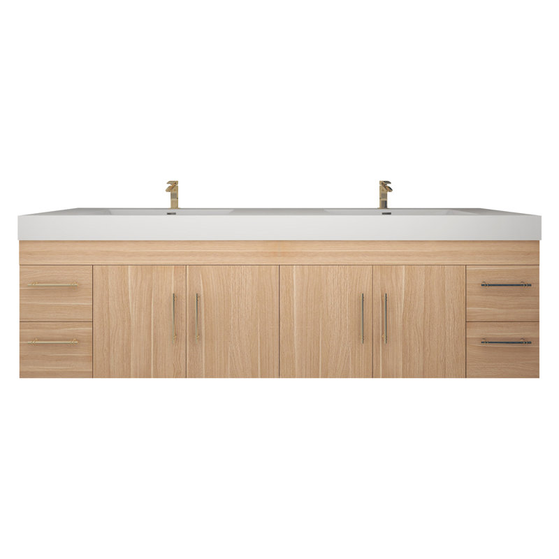 83.4" Wall-Mounted Double Bathroom Vanity Set, Champagne Oak