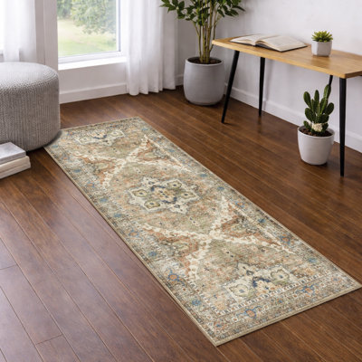 Machine Washable Vintage Oriental Area Rug Non-Slip Backing Brown/Orange/Beige Indoor Carpet for Living Room, Bedroom, Hallway Runner