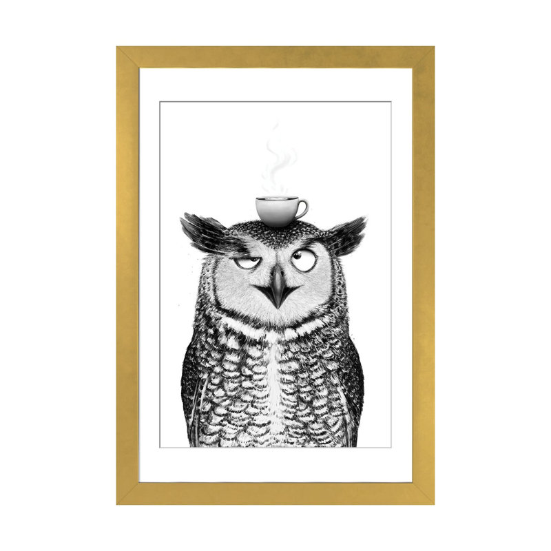 Hibou avec cappuccino, reproduction d'art sur papier encadré, 32" x 24", Papier encadré, Gold
