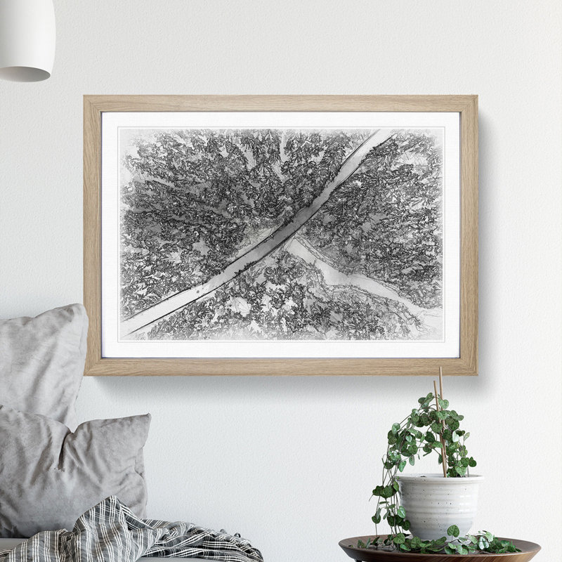 Road Through the Winter Forest Sketch - Picture Frame Graphic Art Print, 45cm H x 63cm W x 2cm D, Oak Framed
