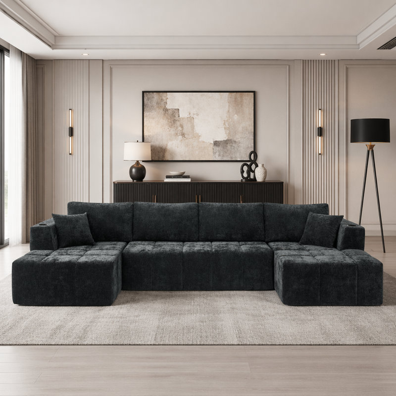 Canapé modulaire en chenille, canapé désossé de style nuage avec méridienne, canapé rembourré moderne avec porte-gobelets et poches latérales, canapé à compression