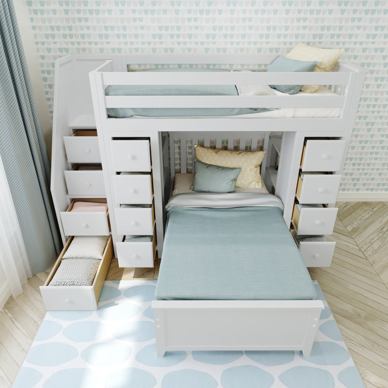 Gannon Kids Twin L-Shaped Bunk Bed with Drawers, White