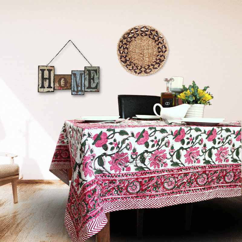 Block Print Cotton Floral Tablecloth White Red, 60" x 60"