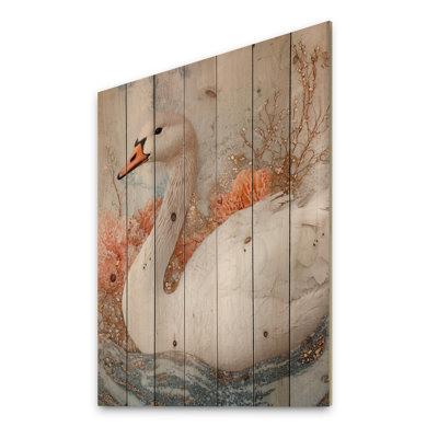 Pink Goose Reflections Of Elegance - Goose Animal Wood Wall Art - On Natural Pine Wood