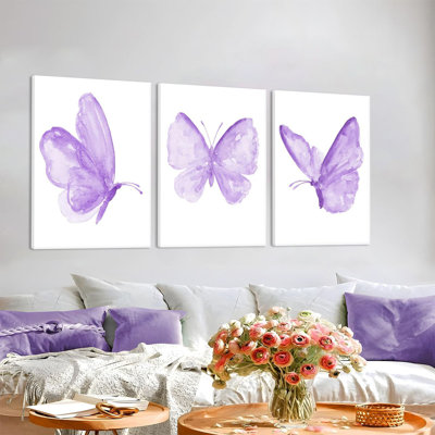 Framed Butterfly Wall Decor Paintings Set Of 3 - Purple Butterfly Wall Art Canvas Prints, Cute Purple Room Decor For Girls Bedroom Nursery Home Decor 12X16 Inches