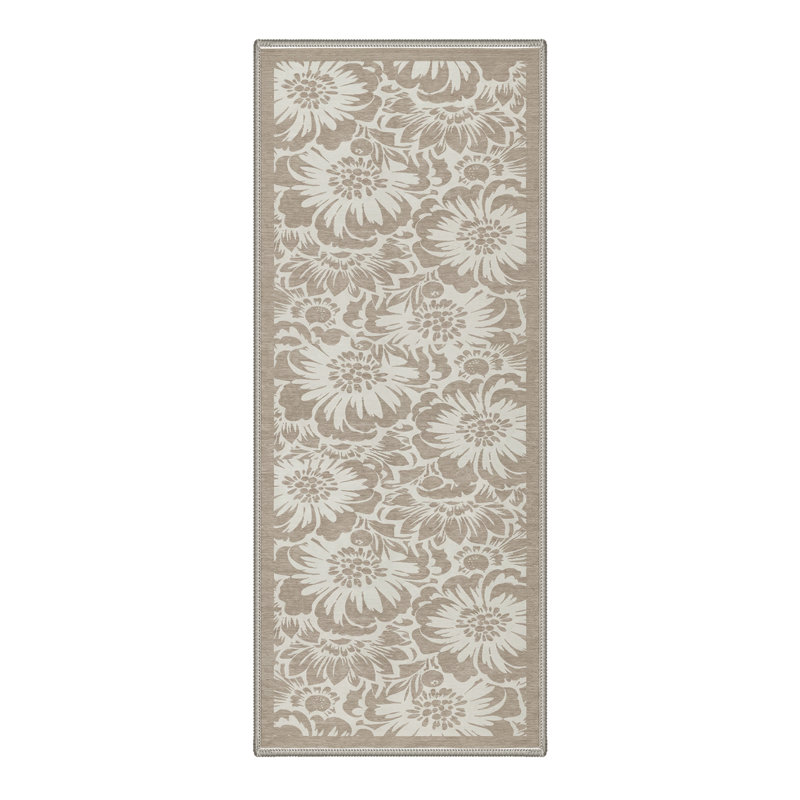 Veridian Floral Machine Washable Yellow / White Indoor Area Rug with Non-Slip Backing, Runner 2' x 6'