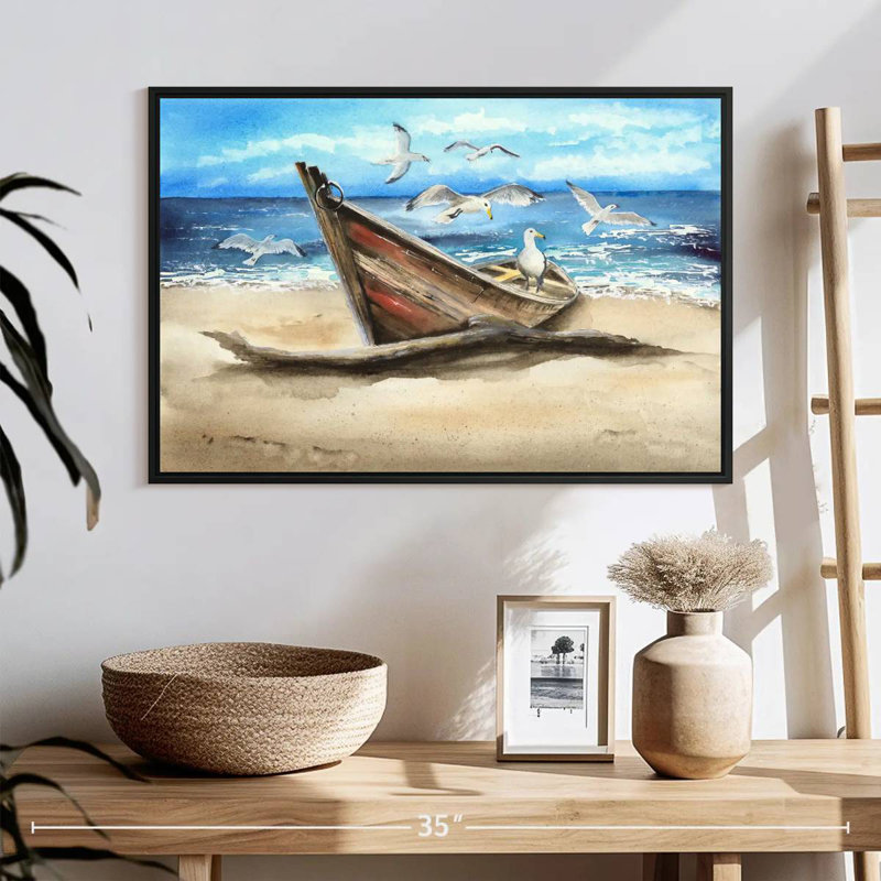 Mouettes et bateau, 25 po x 17 po, Cadre flottant noir