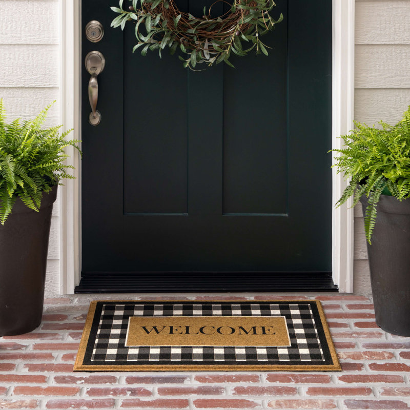 Checkered Welcome Faux Coir Polyester Recycled Rubber All Weather Outdoor Door Mat