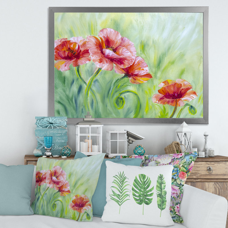 «Red Blossoming Poppies II», peinture sur toile, H 12 po x l 20 po x P 1,5 po, Toile avec cadre argenté