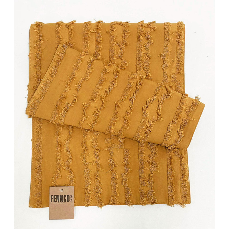 Beige Fringe Stripe Cotton 15"x72" Table Runner, Yellow