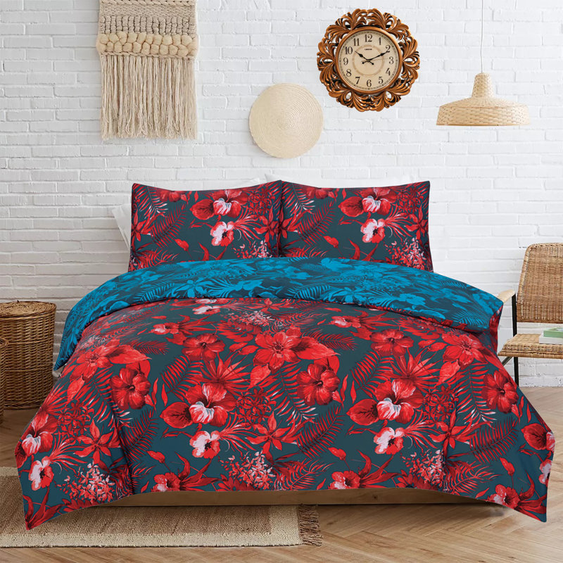 Mirsada Cotton Blend Floral Duvet Cover Set with Pillowcases, Double - 2 Standard Pillowcases, Red/Navy