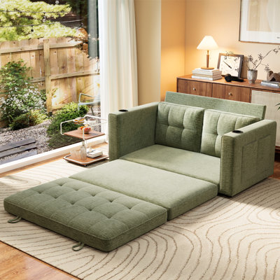 George 55" Upholstered Chenille Convertible Futon Sofa Bed, Fold-Out Loveseat Sleeper with Cup Holder and Storage Pockets