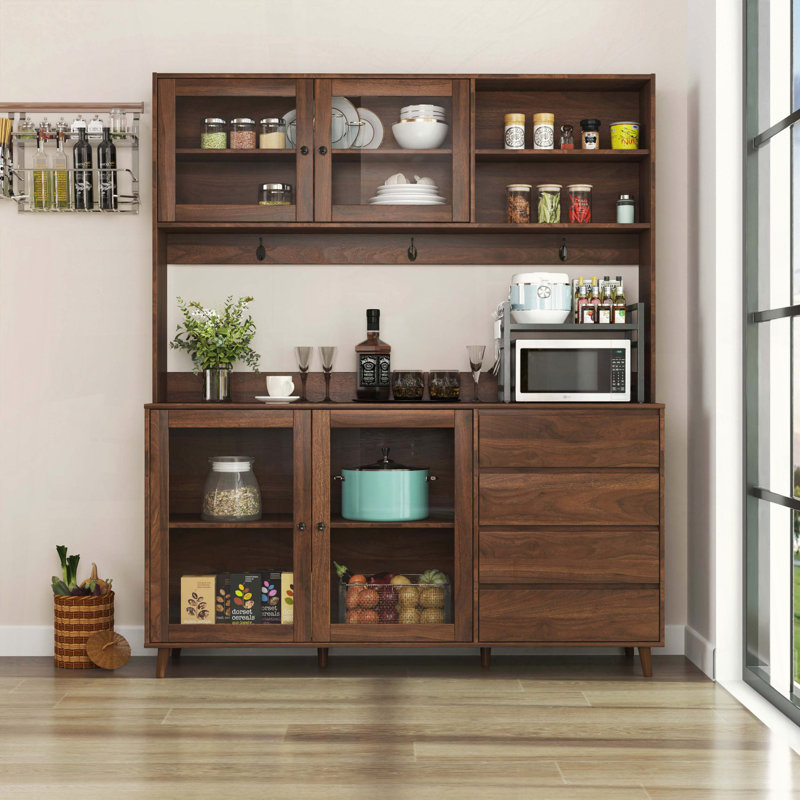 Garde-manger de 63 po de largeur avec porte vitrée et tablette à micro-ondes, Noyer