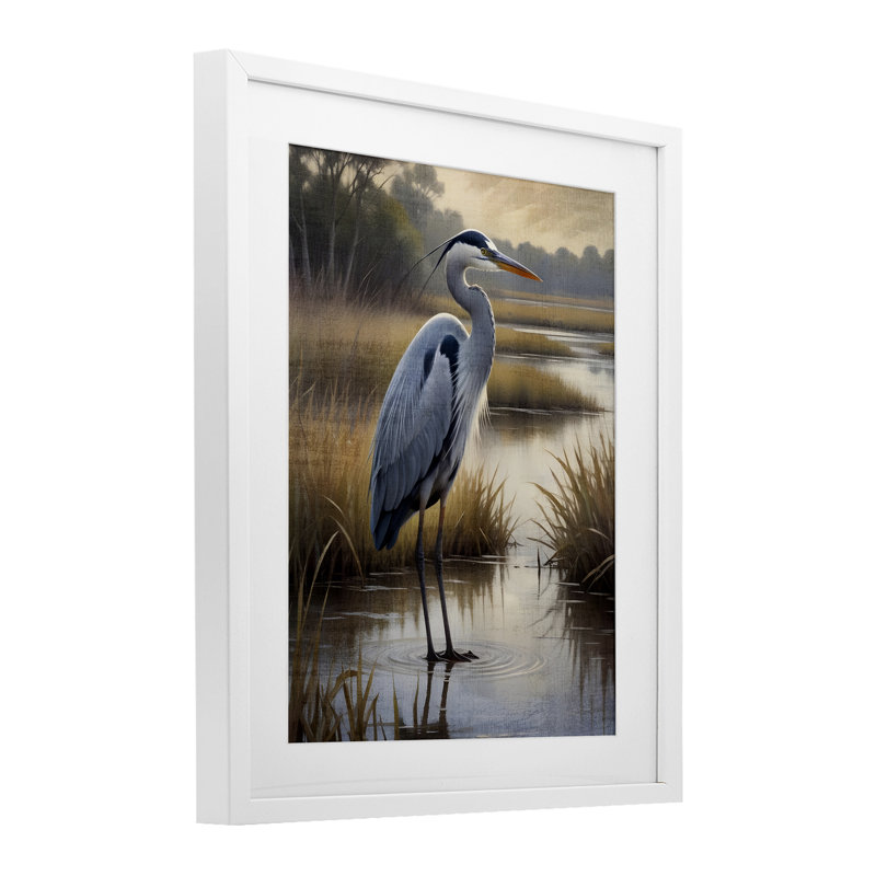 «Heron in Serene Marshlands», reproduction sous verre encadrée, conception de Susan Arnot, H 16 po x l 13 po