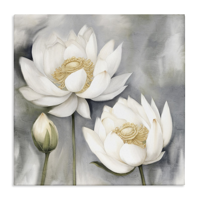 "Lotus blanc sur toile grise" par Kim Allen, H 24 po x l 24 po