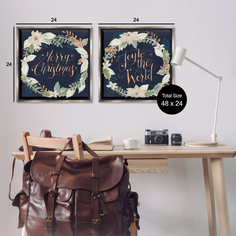 Merry Christmas Joy Wreath, ensemble de 2 toiles par Grace Popp, H 25 po x l 25 po, Cadre flottant gris lustré