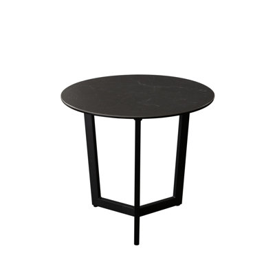 Table de bout ronde Onyx avec plateau en verre céramique noir et pieds en métal noir