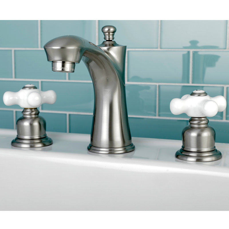 Kingston Brass Victorian Two-Handle 3-Hole Deck Mount Widespread Bathroom Faucet with Retail Pop-Up Drain, Brushed Nickel