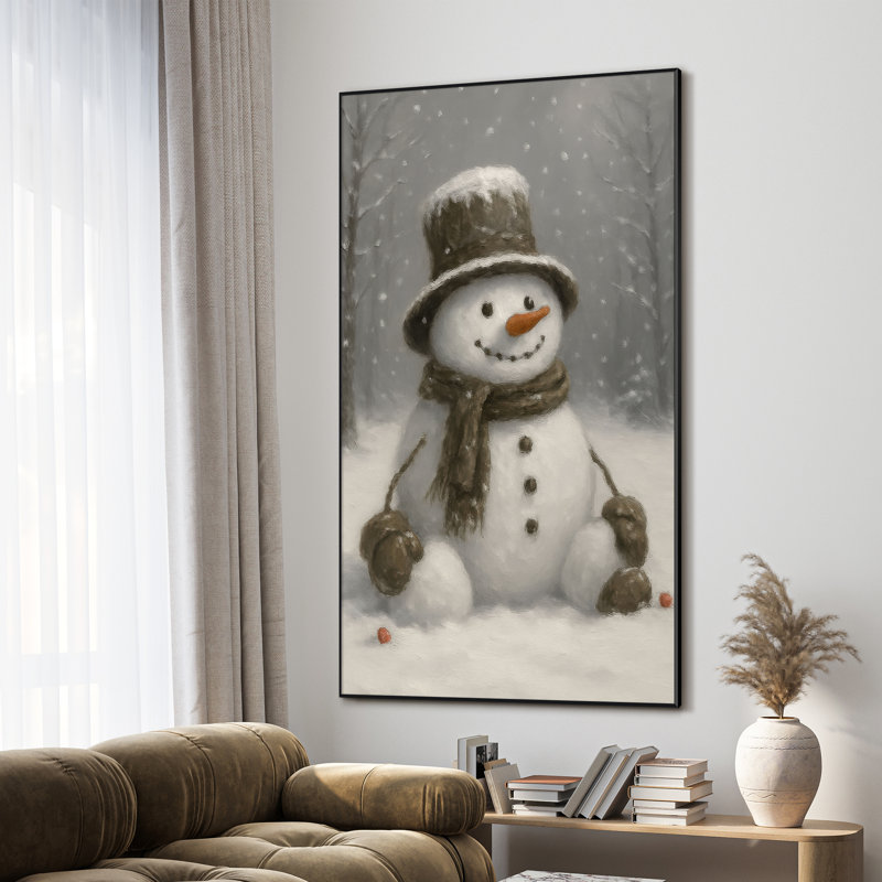 Très grand, reproduction d'art sur tissu - bonhomme de neige gris hivernal fantaisiste, décoration de chambre d'enfants - "Assemblage requis du cadre (cadre non fini)"