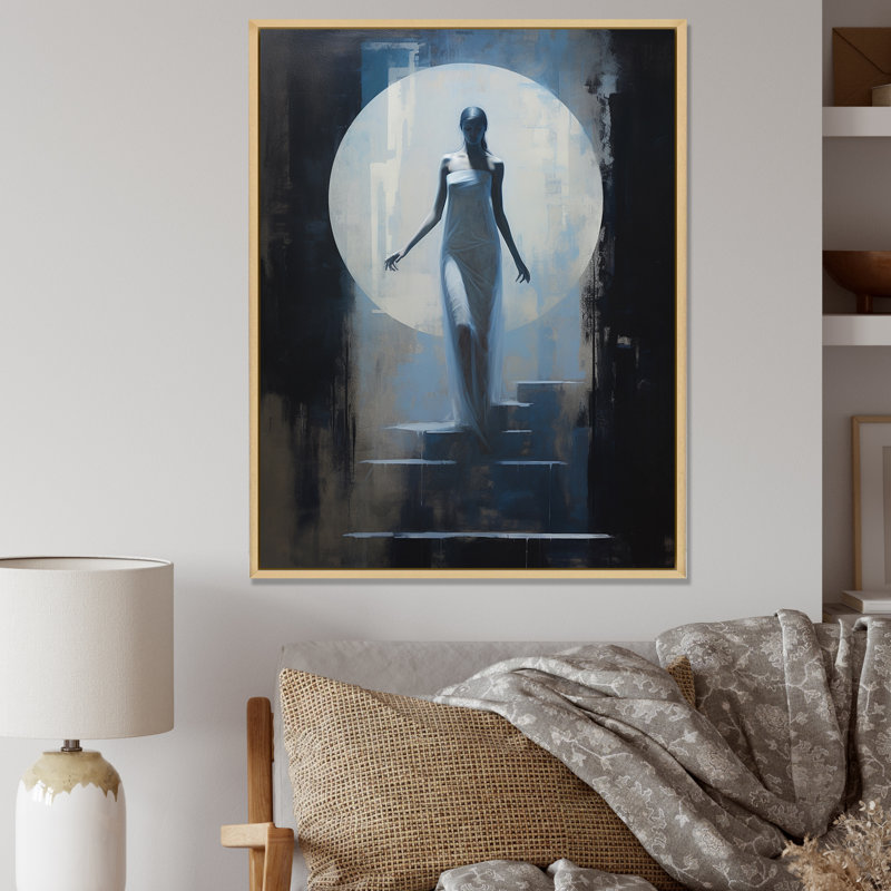 Pleine lune, descente d'escalier rétro sur toile, H 32 po x l 16 po x P 1 po, Cadre naturel flottant