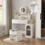 Bureau de coiffeuse avec miroir pivotant à 360 ° et lumières réglables, coiffeuse pour filles avec fauteuil de rangement et armoire d'appoint avec portes en verre Waveform, coiffeuse avec tiroir pour la chambre à coucher