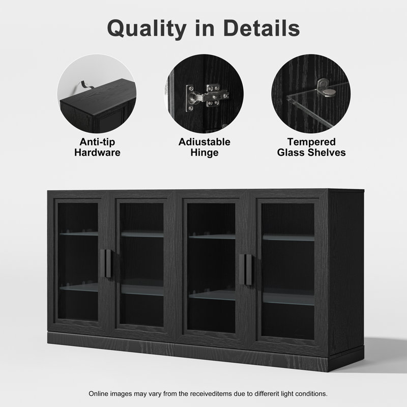 62"×31"×16" Wood Sideboard Cabinet with Adjustable Shelves with Glass Doors, Black