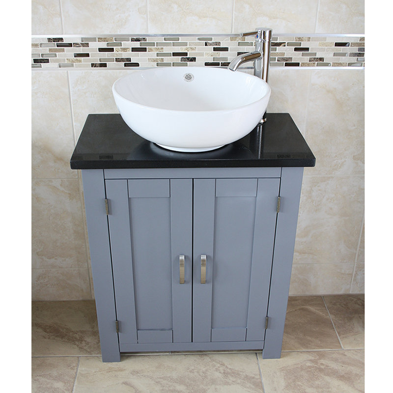 Robbs 650mm Single Bathroom Vanity with Vessel Ceramic Basin, Black Quartz, Grey