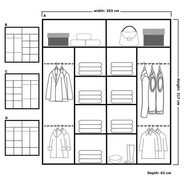 Bellarae Laminate Wardrobe, 217cm H x 203cm W x 62cm D, Black (Black Strip)