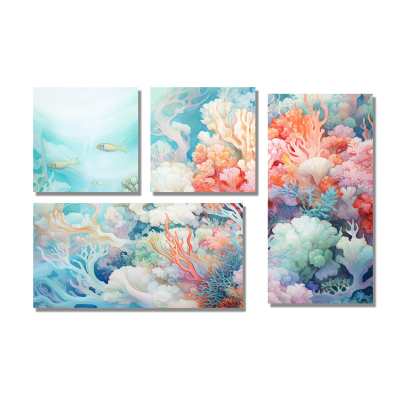 Underwater Coral Symphony Ii I - Art mural en toile rose, 4 pièces, Toile tendue, Ne s’applique pas