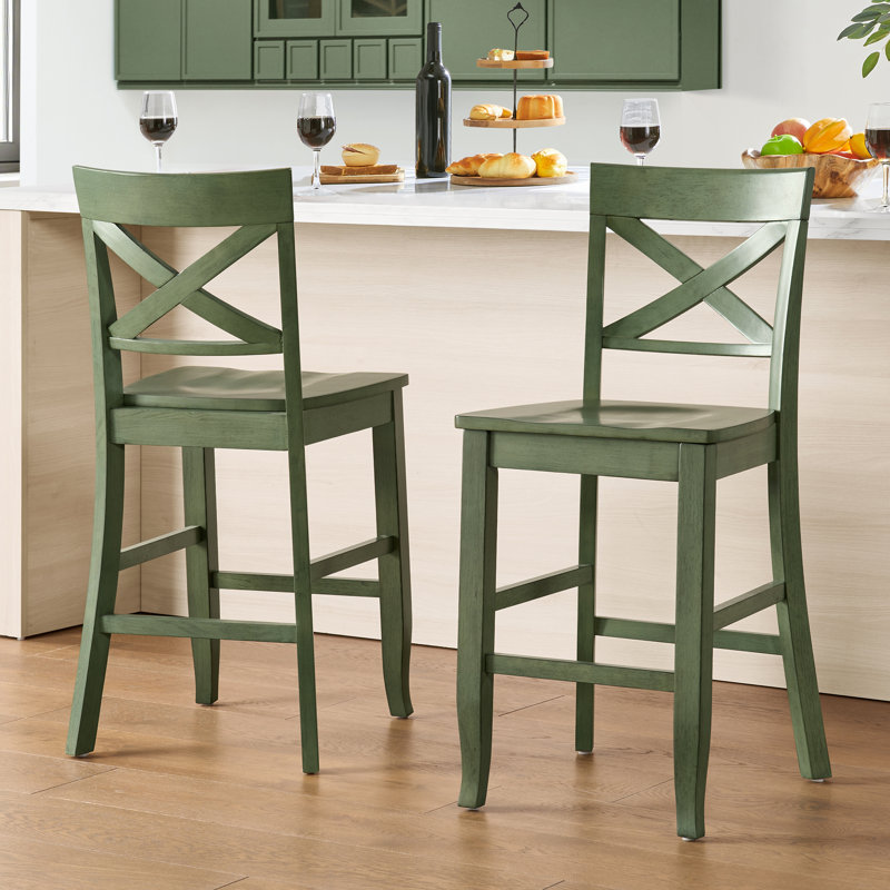 Solid Wood X-Back Counter Height Bar Stool, Green