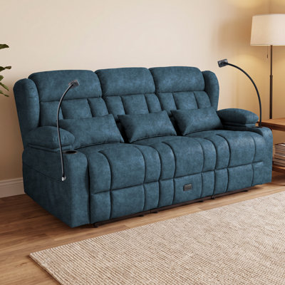 Sofa 3 places inclinable manuel, canapé inclinable avec rangement dissimulé, porte-gobelets et supports pour téléphone, fauteuil de cinéma maison avec tiroir