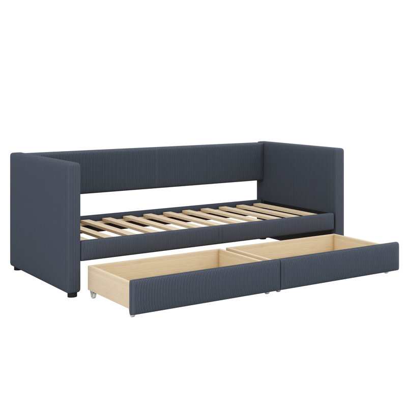 Élégant lit simple en velours côtelé Stanmore avec tiroirs de rangement intégrés et structure en bois massif, Gris