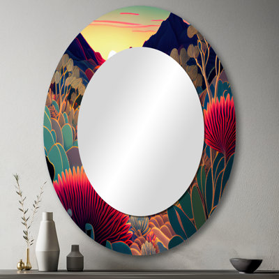Fleurs colorées pendant l'heure dorée I - Paysages, miroir décoratif ovale sur métal