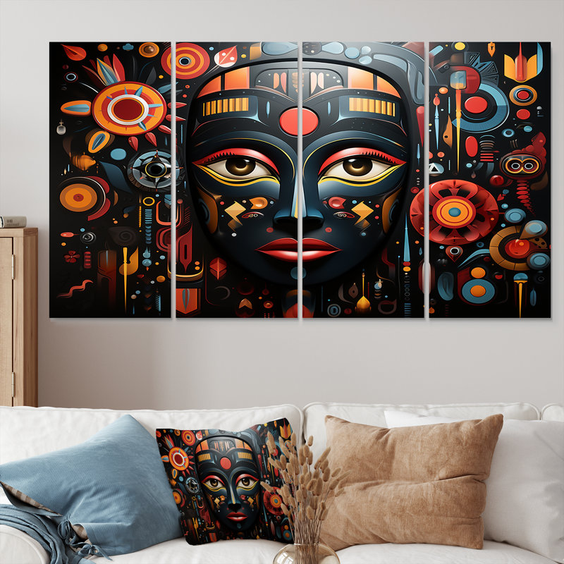 Indigène noir coloré - art mural africain pour le salon, 4 pièces, H 28 po x l 48 po