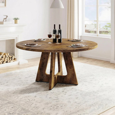 47 Inch Round Dining Table for 4-6 People, Circle Dinner Table with Wooden Cross Pedestal Base, Farmhouse Kitchen Furniture for Dining Room, Living Ro
