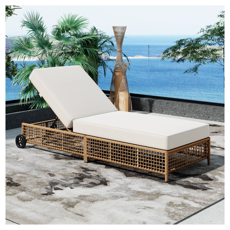 TREXM Outdoor Chaise Lounge Chair with 5-Position Backrest, PE Rattan and Iron Frame, Natural Beige, Brown