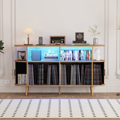 Large Round Record Player Stand with Charging Station & LED Light,Fluted Vinyl Record Storage Cabinet,Mid Century Modern Sliding Doors Turntable Stand with Open Shelves Holder for Bedroom Living Room