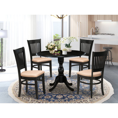 5 Piece Kitchen Table & Chairs Set Includes a Round Dining Room Table with Dropleaf and 4 Linen Fabric Dining Chairs, Black