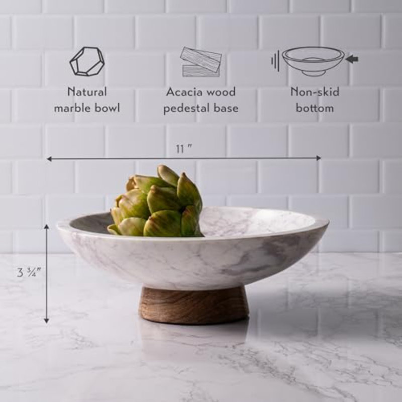 Bol décoratif en marbre avec piédestal en bois d'acacia, 11 po