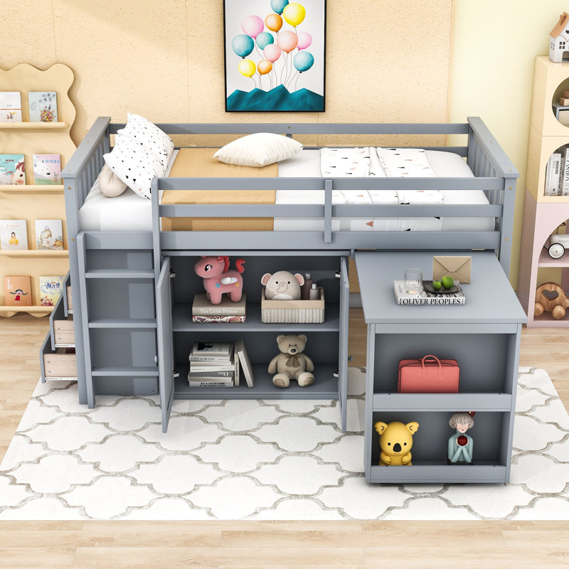 Lit mezzanine simple avec armoire, tiroir, tablette et bureau, gris