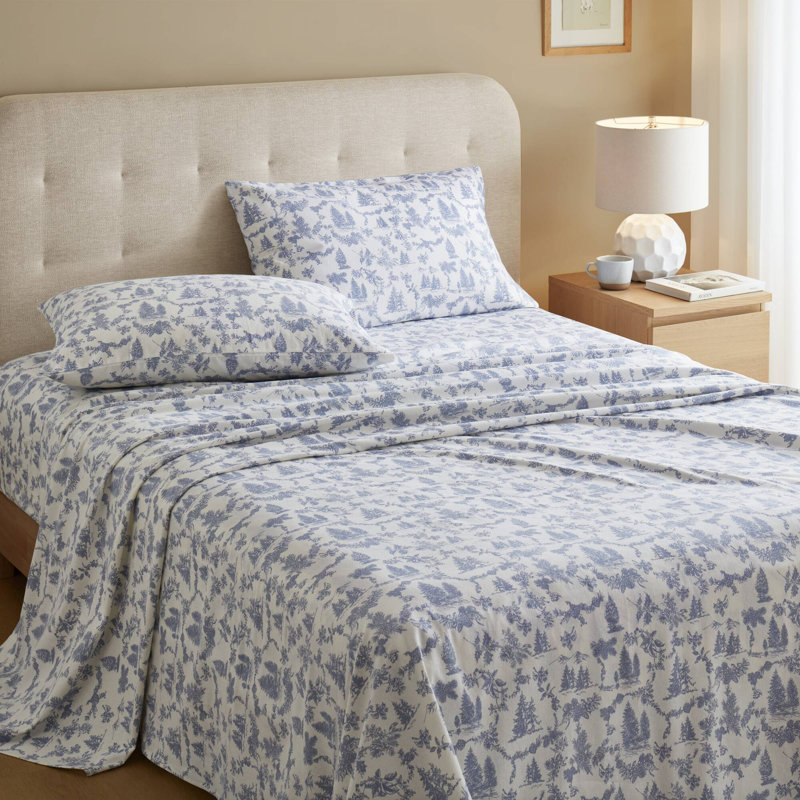 Cozy Cotton Flannel Toile pine trees 100% Cotton Flannel Printed 4-Piece Cal King Sheet Set, Toile Pine Trees