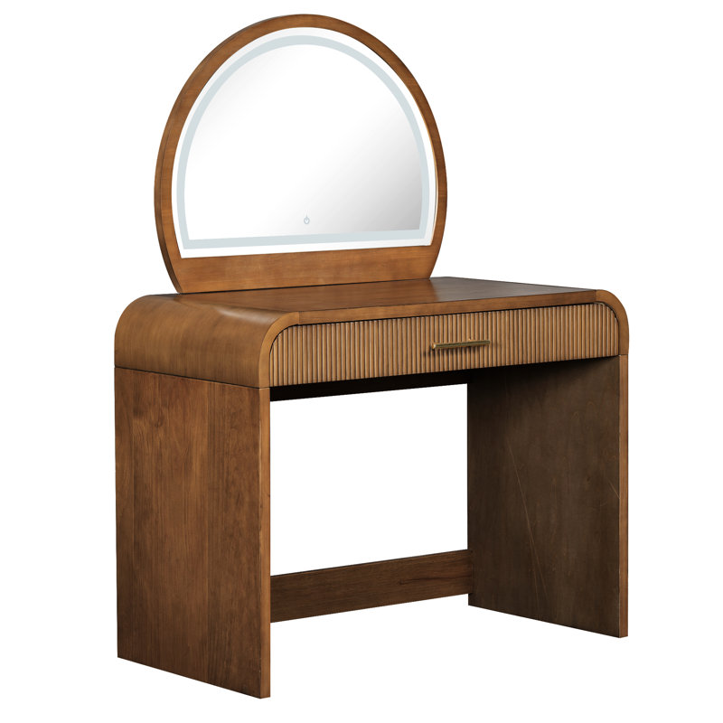 Coiffeuse de 39 po avec miroir à écran tactile éclairé et tiroir ondulé, grand espace de rangement pour les bijoux, bureau amovible, éclairage de maquillage confortable, coins courbés, design élégant, essentiels de beauté,